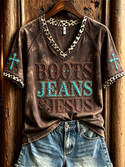 Women's Vintage Boots Jeans & Jesus Western Cross Leopard Print short-sleeved T-shirt