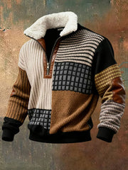 Men's Retro Color Block Print Casual Fur Collar Long Sleeve Sweatshirt