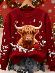 Women's Vintage Christmas Highland Cattle Printed Sweatshirt