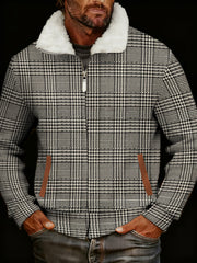 Men's Retro Casual Plaid Printed Fur Collar Zip-Up Jacket