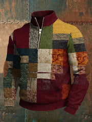 Men's Retro Color Block Print Zip-Up Pullover