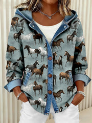 Women's Vintage Horse Art Print Patchwork Hooded Cardigan