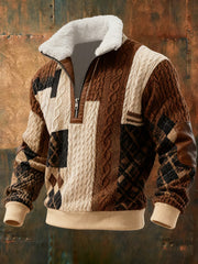 Men's Retro Color Block Print Casual Fur Collar Zip-up Hoodie