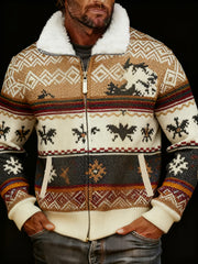 Men's Retro Cable Pattern Print Casual Fur Collar Zip-Up Jacket