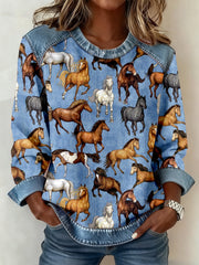 Women's Western Horse Art Print Denim Patchwork Sweatshirt