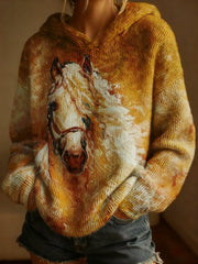 Women's Retro Horse Art Print Hooded Sweater