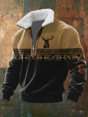 Men's Retro Western Print Jacquard Zipper Fur Collar Long Sleeve Sweatshirt