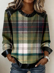Women's Vintage Plaid Pattern Leather Patchwork Sweatshirt