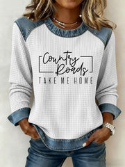 Women's Country Roads Take Me Home Denim Patchwork Top