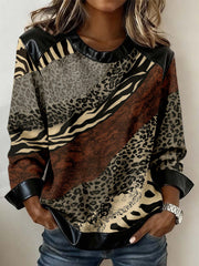 Women's Vintage Textured Print Leather Patchwork Sweatshirt