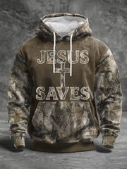 Men's Jesus Saves Cross Faith Forest Camouflage Print Casual Hoodie