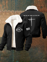 Men's Jesus The Way The Truth The Life Cross Fur Collar Zip-Up Jacket