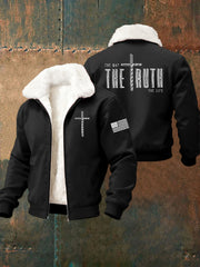 Men's Jesus The Way The Truth The Life Cross Fur Collar Zip-Up Jacket