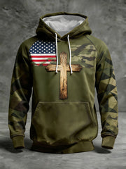 Men's Flag Cross Camouflage Oversized Drop-Shoulder Hoodie With Pockets