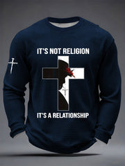Men's It’s Not Religion It’s A Relationship Jesus Cross Waffle Long Sleeve T-Shirt