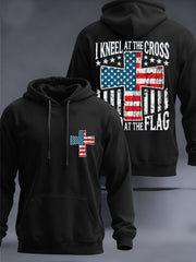 Men's I Kneel At The Cross Stand At The Flag American Flag Cross Hooded Sweatshirt