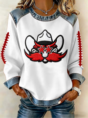 Women's Football Print Denim Patchwork Top