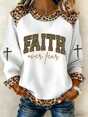 Women's Faith Over Fear Leopard Print Denim Patchwork Top