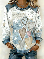 Women's Valentine's Day Retro Love Heart Print Denim Patchwork Top