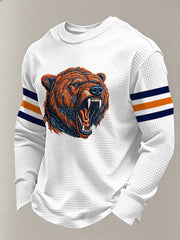 Men's Bear Print Football Fans Gameday Casual Waffle Long Sleeve T-Shirt