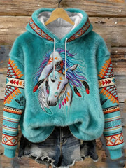 Women's Turquoise Indian Horse Western Aztec Cozy Flannel Hoodie