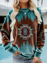 Women's Vintage Western Ethnic Aztec Pattern Casual Cozy Flannel Sweatshirt