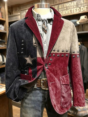 Men's Retro Color-blocked Design Western Texas Corduroy Blazer