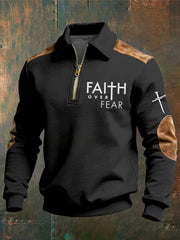 Men's Christian Faith Over Fear Cross Printed Collar Zipper Sweatshirt
