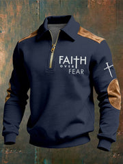Men's Christian Faith Over Fear Cross Printed Collar Zipper Sweatshirt