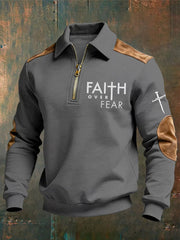 Men's Christian Faith Over Fear Cross Printed Collar Zipper Sweatshirt