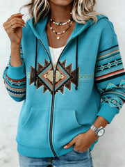 Women's Vintage Aztec Print Casual Zip-Up Hoodie