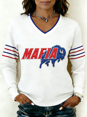 Women's Bills Mafia Football Fans Gameday Casual V-Neck Long-Sleeve T-Shirt