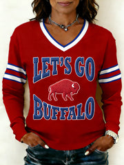 Women's Let's Go Buffalo Football Fans Gameday Casual V-Neck Long Sleeve T-Shirt