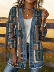 Women's Aztec Pattern Casual Button Cardigan Jacket