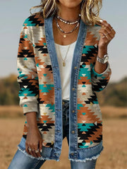 Women's Aztec Pattern Casual Button Cardigan Jacket