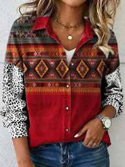 Women's Vintage Western Ethnic Aztec Leopard Pattern Print Casual Shirt