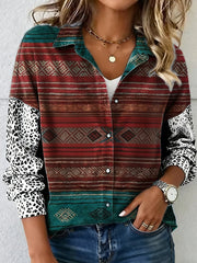 Women's Vintage Western Ethnic Aztec Leopard Pattern Print Casual Shirt