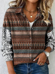 Women's Vintage Western Ethnic Aztec Leopard Pattern Print Casual Shirt