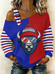 Women's Go Buffalo Stripes Print Football Fans Gameday Casual Off-Shoulder Top