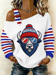 Women's Go Buffalo Stripes Print Football Fans Gameday Casual Off-Shoulder Top