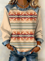 Women's Vintage Western Ethnic Aztec Art Denim Patchwork Top