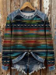 Women's Vintage Aztec Print Casual Waffle Denim Patchwork Top