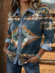Women's Vintage Aztec Art Print Patchwork Shirt