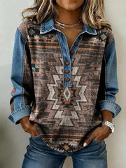 Women's Retro Aztec Pattern Print Button-Up Top