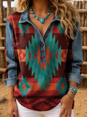 Women's Retro Aztec Pattern Print Button-Up Top