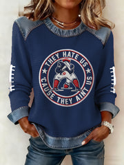 Women's They Hate Us Cause They Ain't Us Gift For Football Fans Gameday Casual Denim Patchwork Top