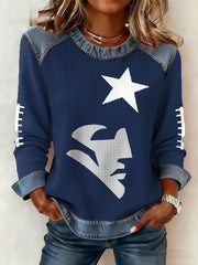 Women's Football Fans Gameday Casual Denim Patchwork Top