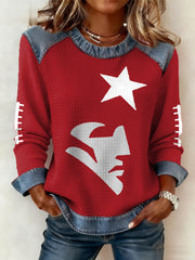 Women's Football Fans Gameday Casual Denim Patchwork Top