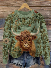 Women's Funny Highland Cow Floral Art Cozy Sweater