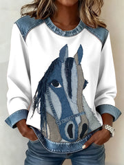 Women's Vintage Horse Art Denim Patchwork Top